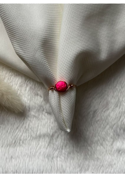 Pembe Lav Taşı Ayarlanabilir Bakır Renk Tel Yüzük