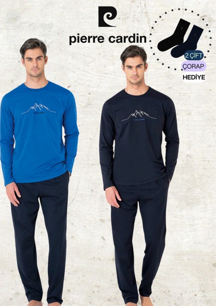 Erkek Giyim %100 Pamuk Uzun Kollu Saks Mavi & Lacivert Iki Adet Pijama Takımı L1.PC.6101.002