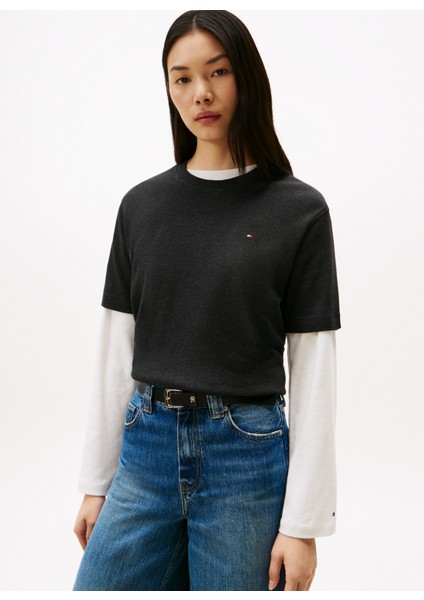 Yuvarlak Yaka Düz Gri Kadın T-Shirt WW0WW47458P4E fiyatları