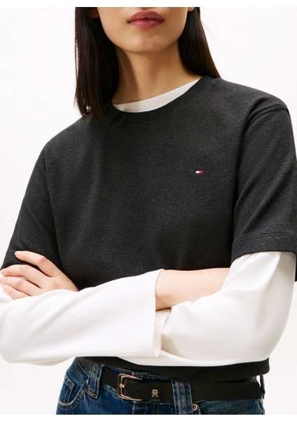 Yuvarlak Yaka Düz Gri Kadın T-Shirt WW0WW47458P4E modelleri