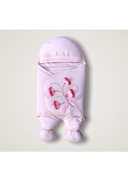 Litaetrend Yenidoğan Yapay Çiçek Işlemeli Şapkalı Lüks Kız Bebek Ayaklı Kundak Bebek Battaniyesi Pembe