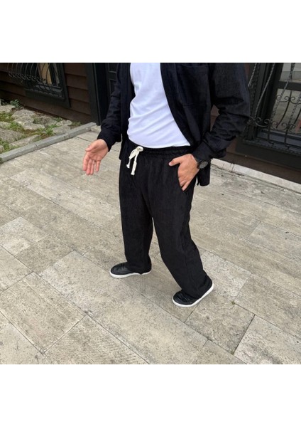 Erkek Fitilli Kadife Cepli Buggy Pantolon Oversize Rahat Kalıp - Siyah fiyatları