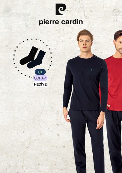 Erkek %100 Pamuk Uzun Kollu Logolu Lacivert Pijama Takımı (2 Adet Hediye Çorap) L1.PC.6100.001