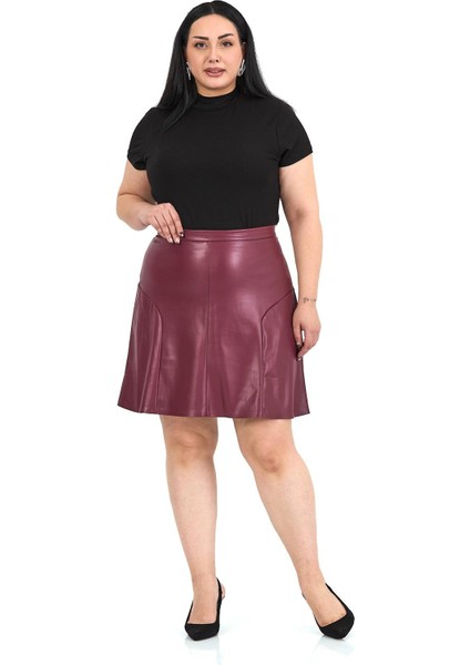 Büyük Beden Suni Deri Bordo Mini Etek
