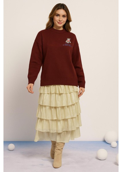 Bisiklet Yaka Nakışlı Kazak Bordo