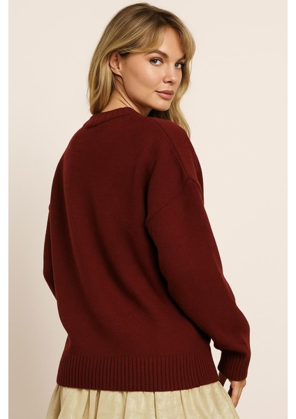 Bisiklet Yaka Nakışlı Kazak Bordo modelleri