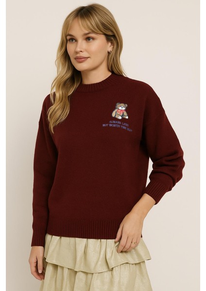 Bisiklet Yaka Nakışlı Kazak Bordo fırsatları