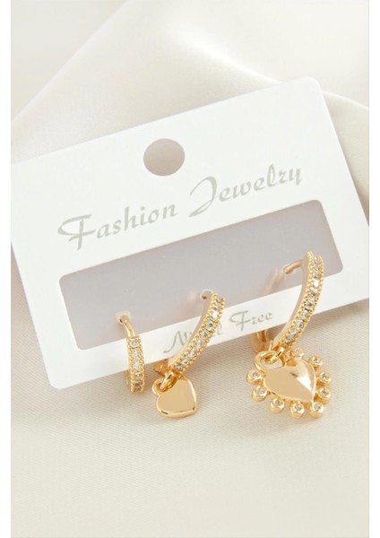 3 Adet Kalp Zirkon Taşlı Küpe