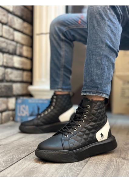 Erkek Yüksek Rahat Taban Spor Bot, Kapitone Desenli Siyah Beyaz, Günlük Rahat Bağcıklı Bot TARZ0159 modelleri