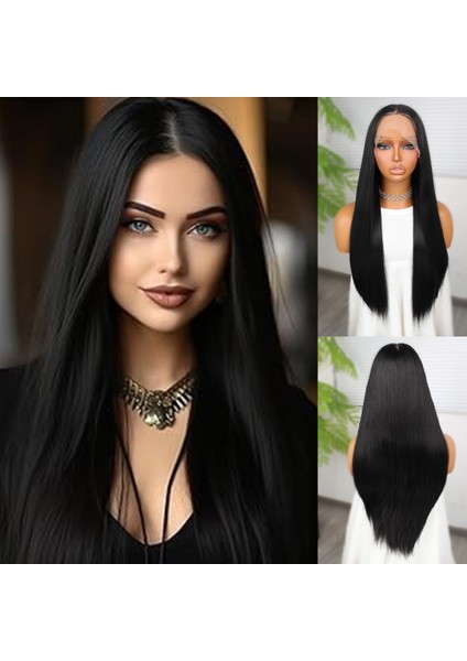 Siyah Fiber Sentetik Düz Tül Peruk