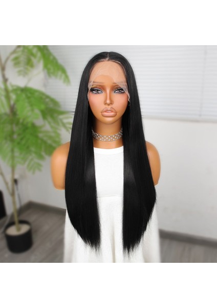 Siyah Fiber Sentetik Düz Tül Peruk modelleri