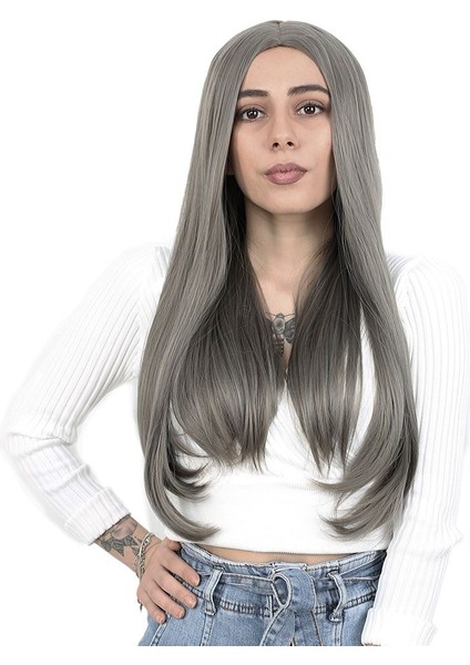 Fiber Sentetik Uzun Düz Peruk / Koyu Gri