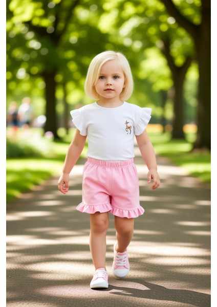 Kız Çocuk Hayvan Işlemeli Kolsuz Üst ve Fırfır Detaylı Şort Takımı Kaliteli Şık Rahat modelleri