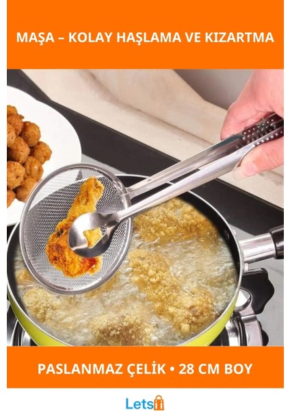 Paslanmaz Çelik Süzgeçli Kevgirli Haşlama Kızartma Maşası 28 cm