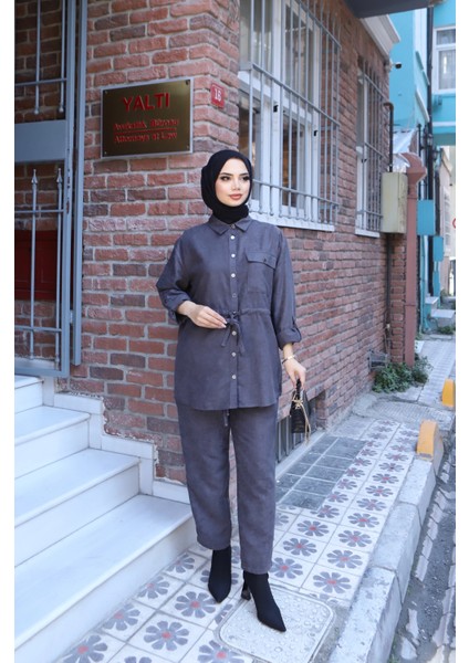 Bağcıklı Süet Pantolonlu Takım