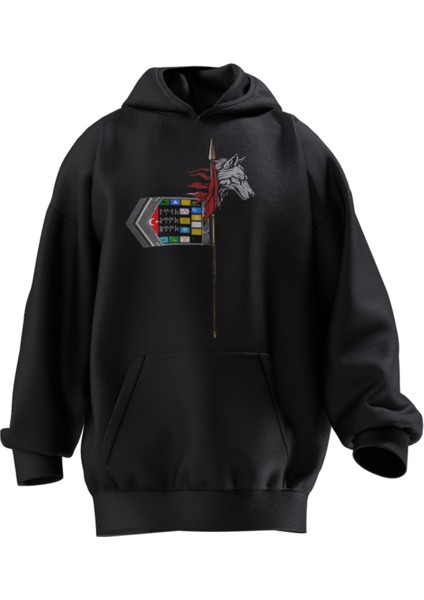 Kurt Başlı Tuğ Tasarımlı Unisex Rahat Kalıp Hoodie
