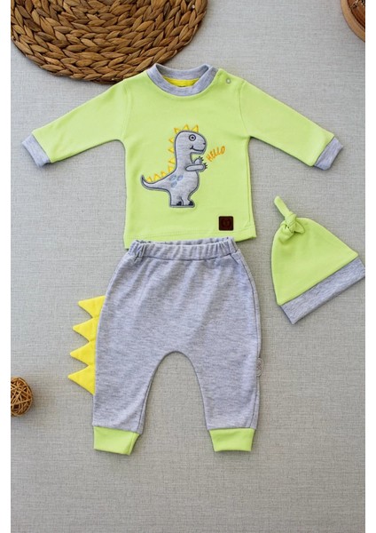 Litaetrend 3-6 6-9 9-12 Ay Minik Dino Nakışlı Şapkalı Uzun Kollu Sweat 3lü Kız-Erkek Bebek Takımı Yeşil