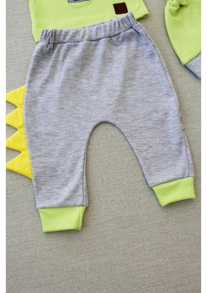 Litaetrend 3-6 6-9 9-12 Ay Minik Dino Nakışlı Şapkalı Uzun Kollu Sweat 3lü Kız-Erkek Bebek Takımı Yeşil modelleri