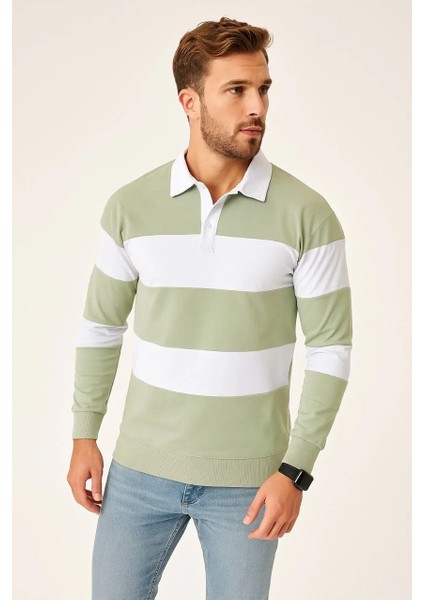 Erkek Polo Yaka Uzun Kollu Çizgili Sweatshirt Trend Rugby Stil - Mint Yeşili