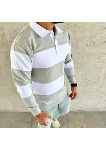 Erkek Polo Yaka Uzun Kollu Çizgili Sweatshirt Trend Rugby Stil - Mint Yeşili modelleri