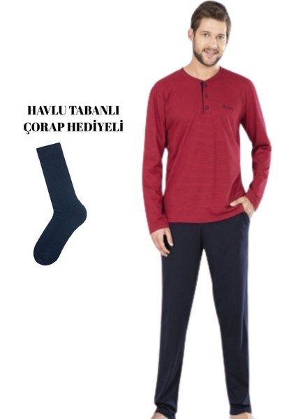 Erkek Bordo Yakası Düğmeli Pamuklu Pijama Takımı Çorap Hediyeli