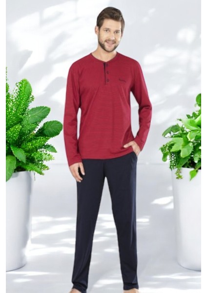 Erkek Bordo Yakası Düğmeli Pamuklu Pijama Takımı Çorap Hediyeli fiyatları
