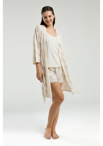 Kadın Süprem Kumaş Sabahlık Bluz Şort 3'lü Pijama Takımı