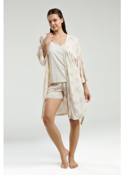 Kadın Süprem Kumaş Sabahlık Bluz Şort 3'lü Pijama Takımı modelleri