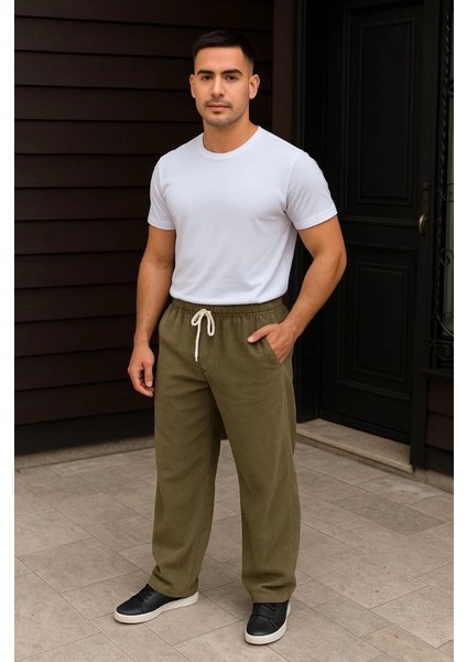 Erkek Fitilli Kadife Cepli Buggy Pantolon Oversize Rahat Kalıp - Haki