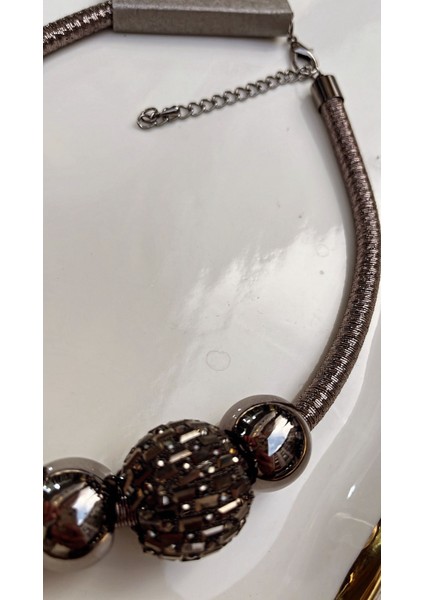 Lüks Modern Gri Metalik Boncuklu Gerdanlık Kolye fiyatları