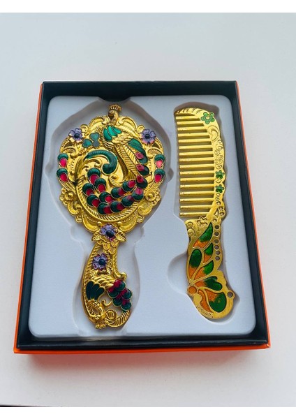 Ayna Tarak Seti, Kutulu-Metal-Hediyelik Takım, 13CM Aynalı Saç Fırçası, Tavuskuşu Figürlü