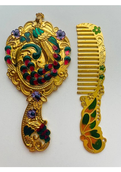 Ayna Tarak Seti, Kutulu-Metal-Hediyelik Takım, 13CM Aynalı Saç Fırçası, Tavuskuşu Figürlü modelleri
