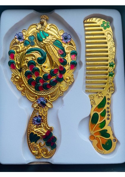 Ayna Tarak Seti, Kutulu-Metal-Hediyelik Takım, 13CM Aynalı Saç Fırçası, Tavuskuşu Figürlü indirimleri