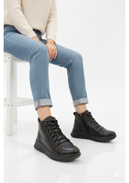 Kadın Düz Taban Günlük Fermuarlı Ortopedik Yumuşak Hakiki Deri Spor Tarz Bot BD25/KB2604