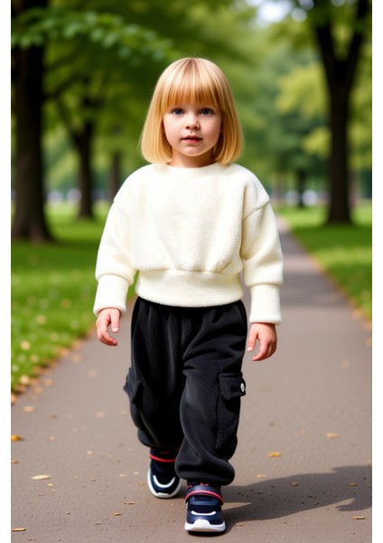 Kız Çocuk Peluş Dokulu Bisiklet Yaka Üst ve Jogger Pantolon Takımı Kaliteli Şık Rahat