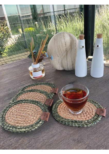 Tekstil 4 Adet Oval Dekoratif Bardak Altlığı Seti - Yuvarlak , Leke Tutmaz - Naturel-Yeşil 13X17 cm