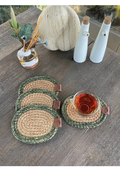 Tekstil 4 Adet Oval Dekoratif Bardak Altlığı Seti - Yuvarlak , Leke Tutmaz - Naturel-Yeşil 13X17 cm fiyatları