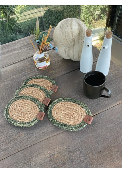 Tekstil 4 Adet Oval Dekoratif Bardak Altlığı Seti - Yuvarlak , Leke Tutmaz - Naturel-Yeşil 13X17 cm modelleri