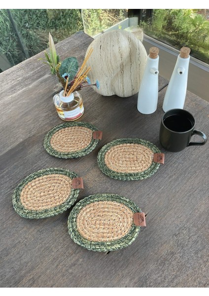 Tekstil 4 Adet Oval Dekoratif Bardak Altlığı Seti - Yuvarlak , Leke Tutmaz - Naturel-Yeşil 13X17 cm fırsatları