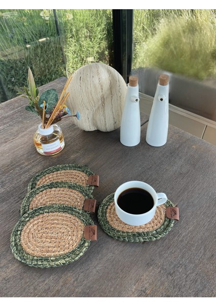 Tekstil 4 Adet Oval Dekoratif Bardak Altlığı Seti - Yuvarlak , Leke Tutmaz - Naturel-Yeşil 13X17 cm indirimleri