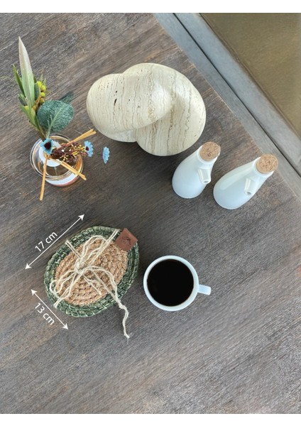 Tekstil 4 Adet Oval Dekoratif Bardak Altlığı Seti - Yuvarlak , Leke Tutmaz - Naturel-Yeşil 13X17 cm