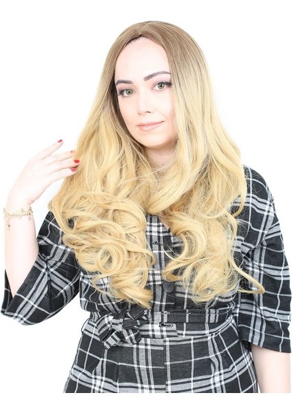 Yoğun Dalgalı Fiber Sentetik Uzun Perçemsiz Peruk / Kumral / Sarı Ombreli