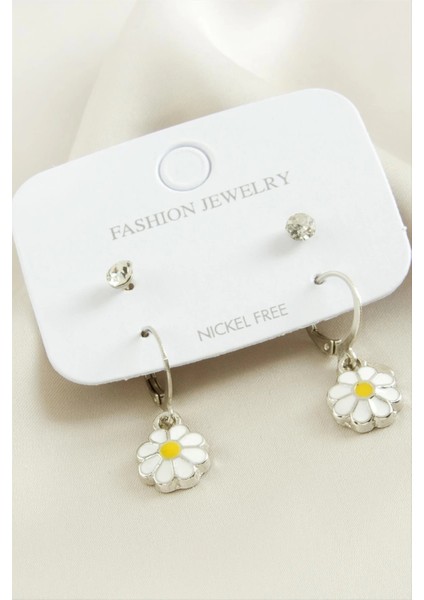 4 Adet Papatya Taşlı Mineli Halka Küpe