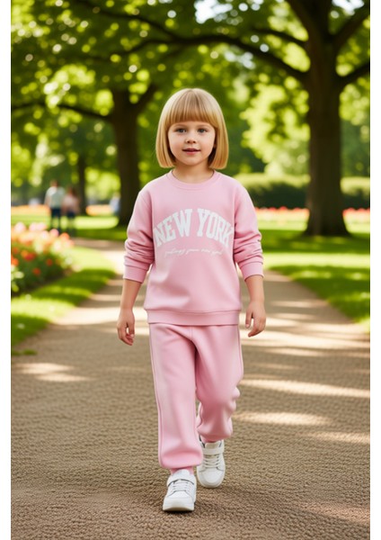 Kız Çocuk Pamuklu New York Baskılı Örme Sweatshirt ve Eşofman Alt Üst Takımı Kaliteli Şık Rahat modelleri