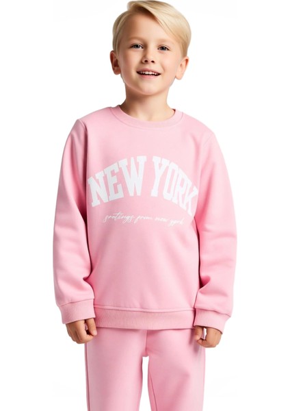 Kız Çocuk Pamuklu New York Baskılı Örme Sweatshirt ve Eşofman Alt Üst Takımı Kaliteli Şık Rahat indirimleri