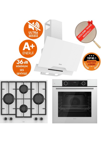 Fryart & Flowart Aero Sessiz Davlumbazlı Beyaz Cam Ankastre Set ( D064-SA + LN386 + XE63CB )