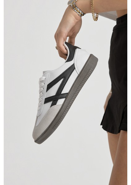 Unisex Beyaz Siyah Termo Taban Yanı Şeritli Bağcıklı Spor Ayakkabı