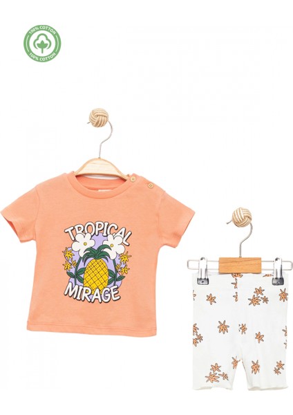 Kız Bebek Turuncu Takım %100 Pamuk Baskılı Tişört Beyaz Şortlu Tropikal Desenli Alt Üst Takım