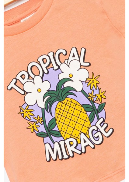 Kız Bebek Turuncu Takım %100 Pamuk Baskılı Tişört Beyaz Şortlu Tropikal Desenli Alt Üst Takım modelleri