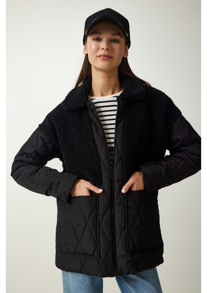 Peluş Detaylı Kapitone Mont LDD0040 Siyah